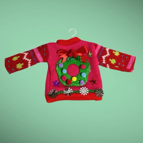 3 Mini Ugly Sweater Christmas Tree Ornaments - Santa Christmas Tree Wreath - Picture 4 of 5